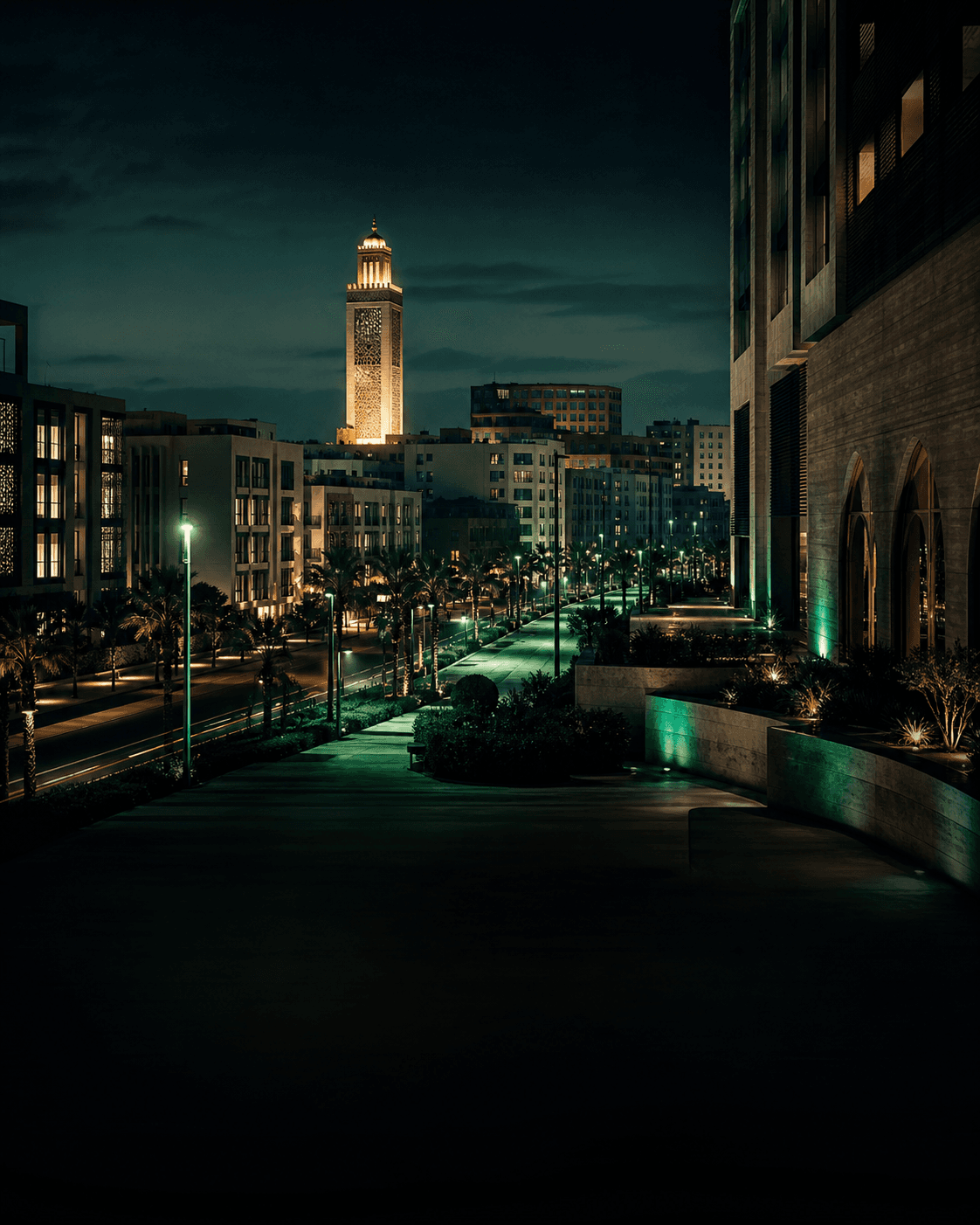 Rues et architecture éclairées dans un paysage urbain nocturne