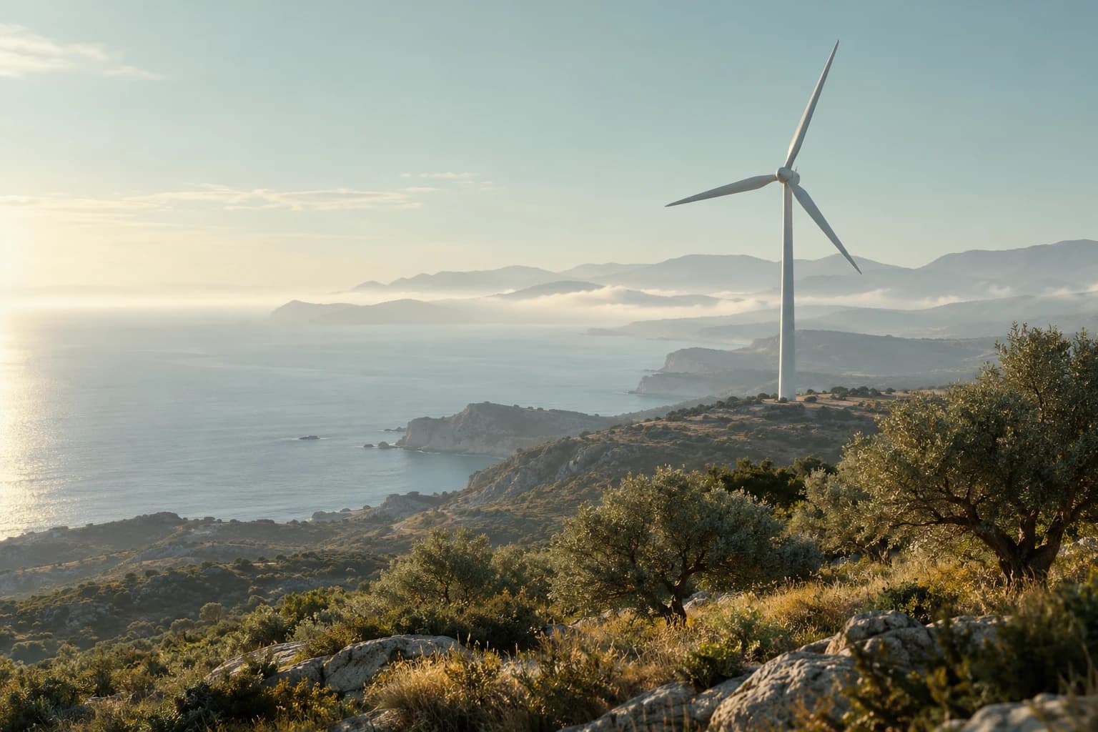 Une éolienne sculpturale surplombe une côte brumeuse et des oliviers