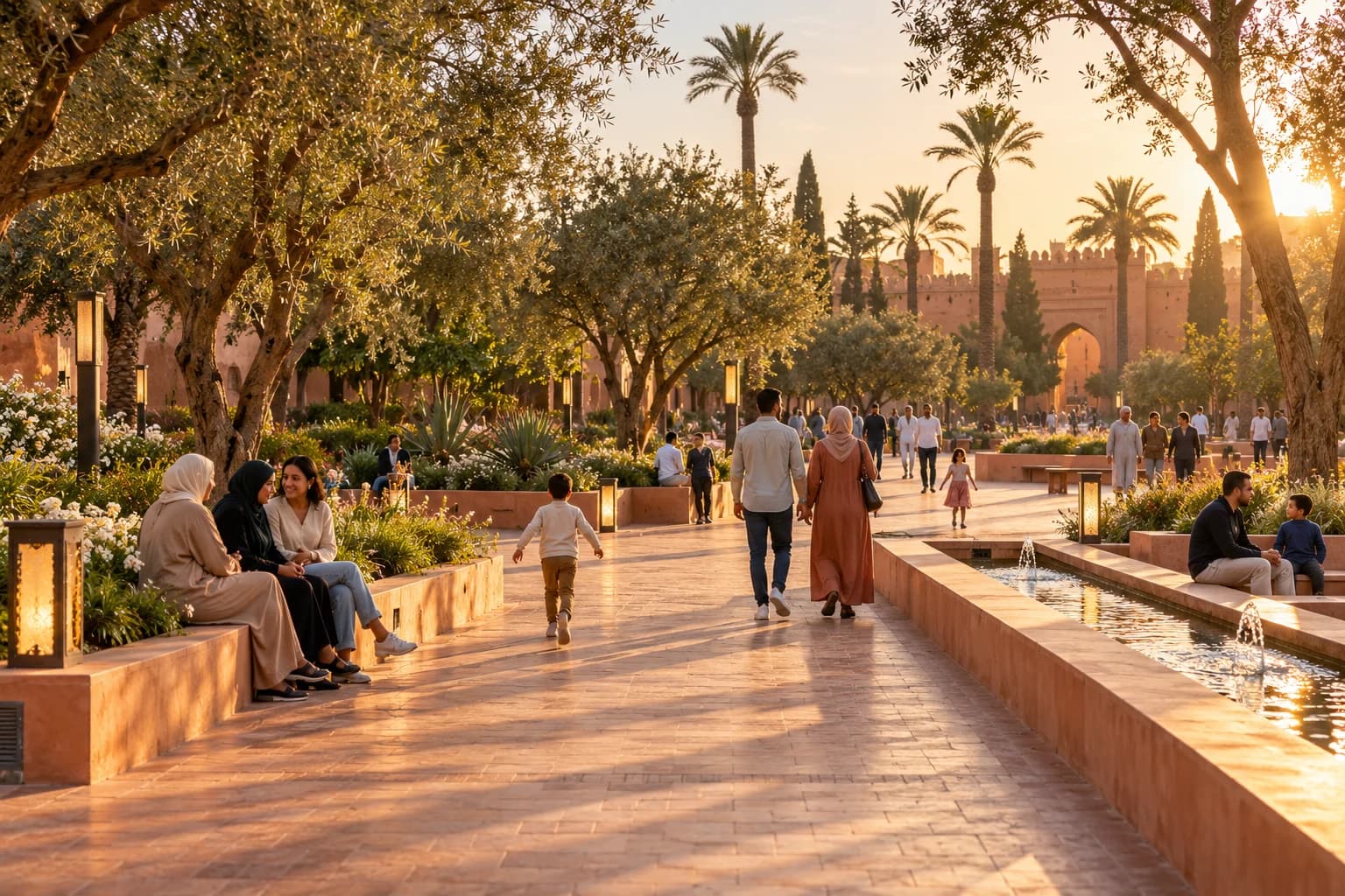 Residents walking and resting in a tree-lined public garden at golden hour